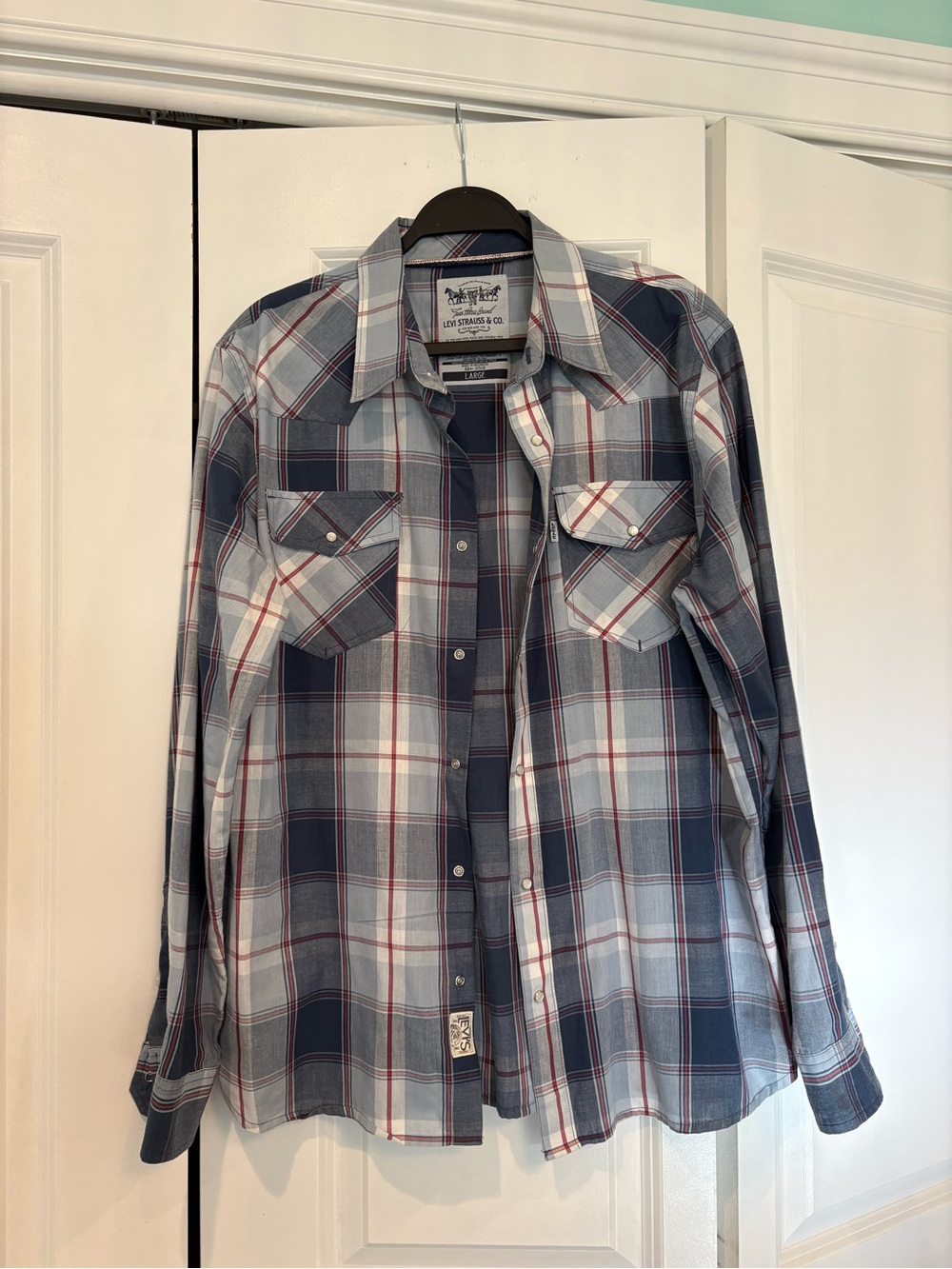Vintage and Levi's Men's Navy, White & Red Plaid Button-Down Shirt